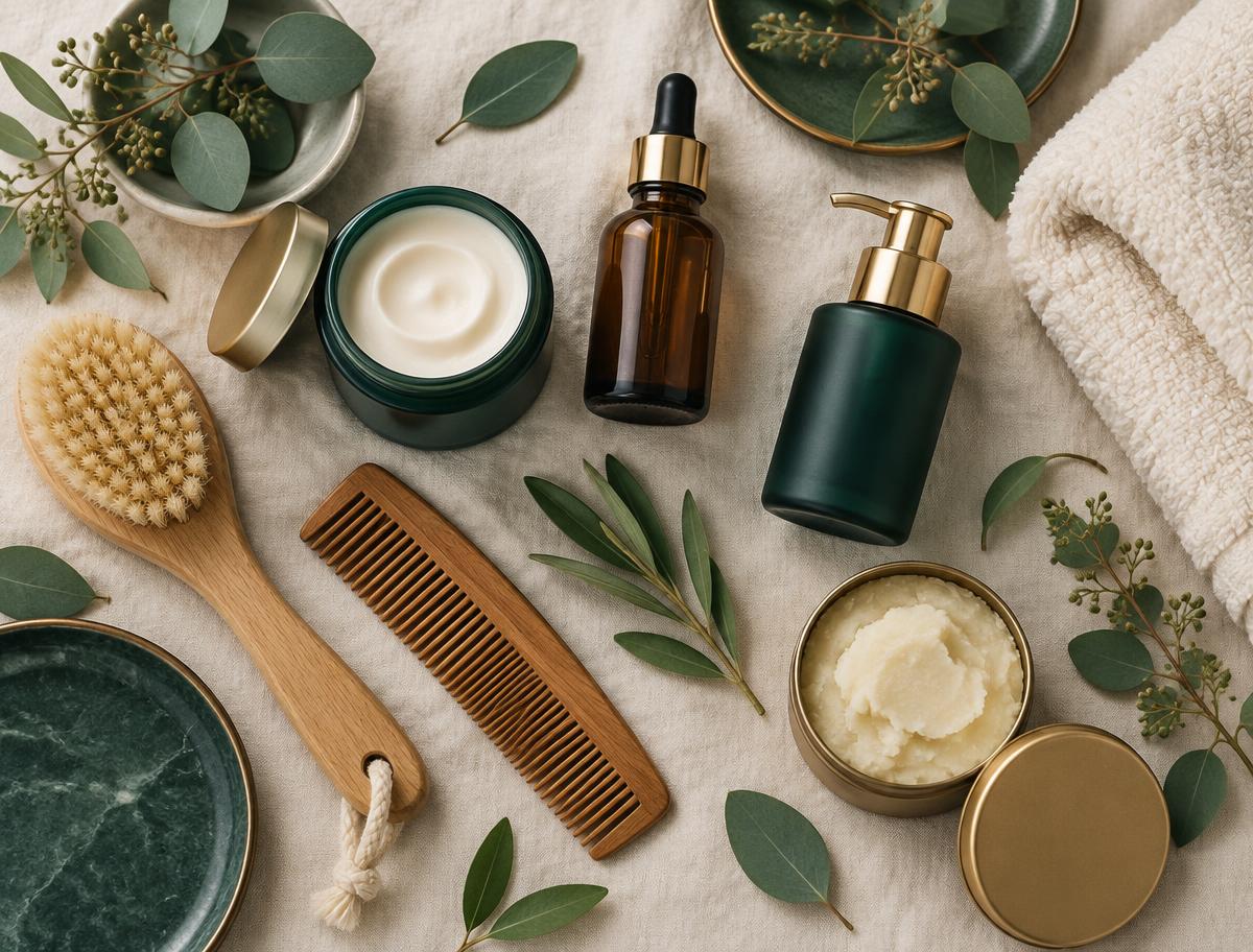 Beauty utensils and natural products arranged with fresh greenery